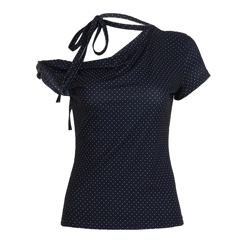 K - Fashion Asymmetrical Knitted Blouse Women Summer Polka Dot Print Off - Shoulder Pullover Slim Fit Cute Casual T-Shirt - Zeprah