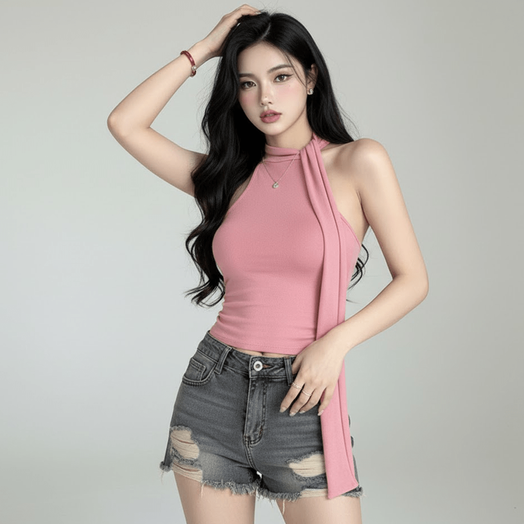 Knit Crop Top with Halter Neck Tie - Scarf Design - Zeprah