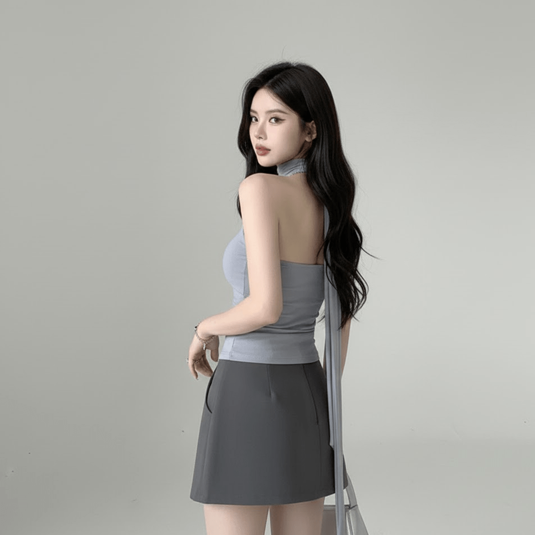 Knit Crop Top with Halter Neck Tie - Scarf Design - Zeprah