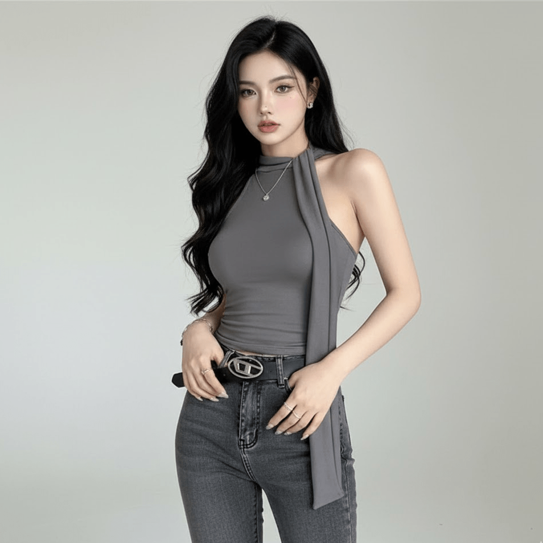 Knit Crop Top with Halter Neck Tie - Scarf Design - Zeprah