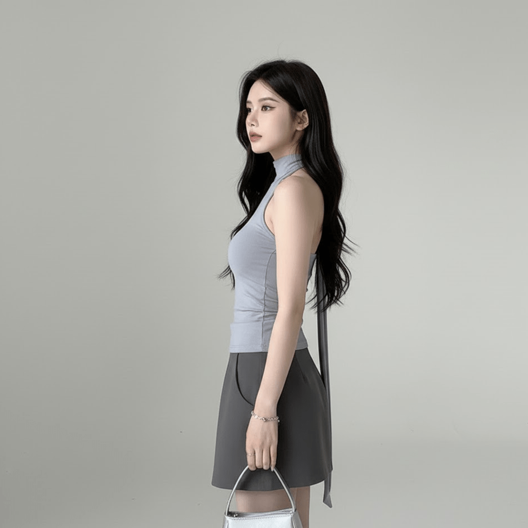 Knit Crop Top with Halter Neck Tie - Scarf Design - Zeprah