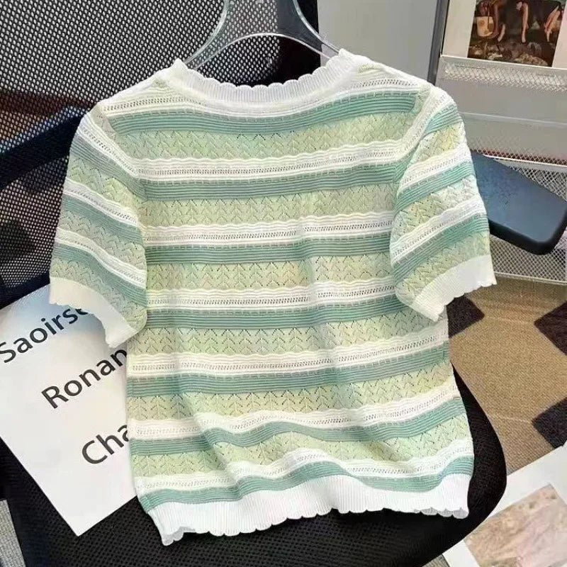 Knitted Graphic Tee Ice Silk Tops for Women Streak Short Sleeve Top - Zeprah