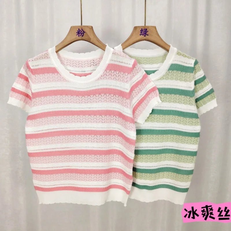 Knitted Graphic Tee Ice Silk Tops for Women Streak Short Sleeve Top - Zeprah