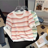 Knitted Graphic Tee Ice Silk Tops for Women Streak Short Sleeve Top - Zeprah