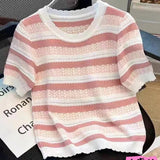 Knitted Graphic Tee Ice Silk Tops for Women Streak Short Sleeve Top - Zeprah