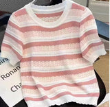 Knitted Graphic Tee Ice Silk Tops for Women Streak Short Sleeve Top - Zeprah