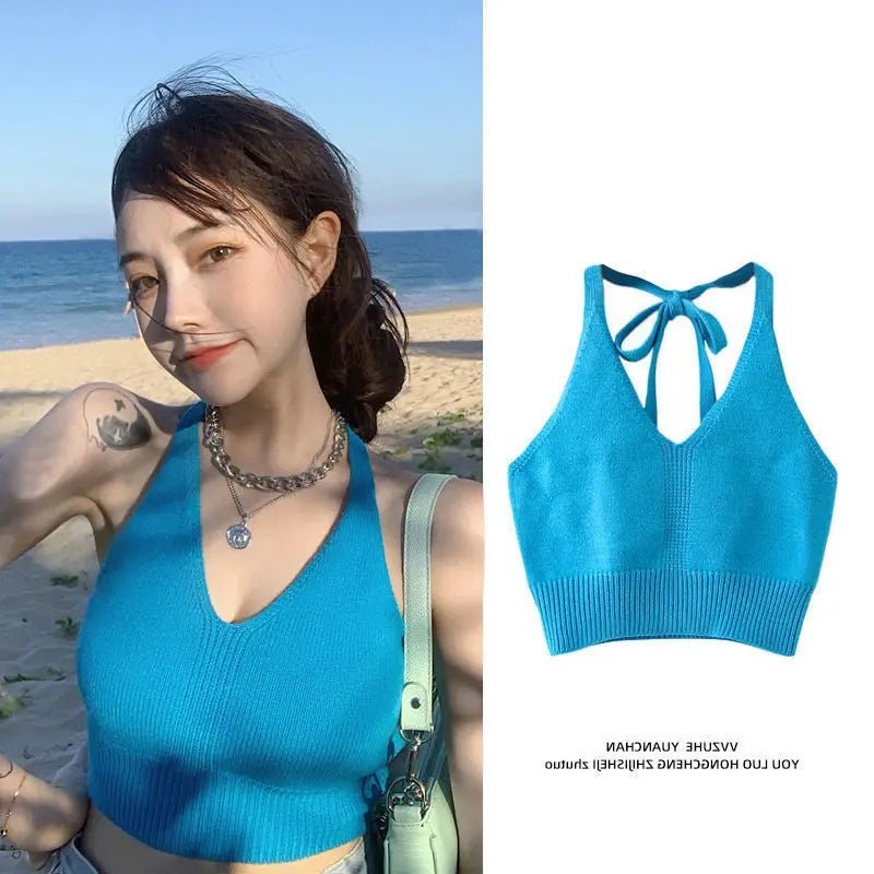 Knitted Hanging Neck Camisole Vest Tanks Camis Women's tank Tops Crop Tops - Zeprah