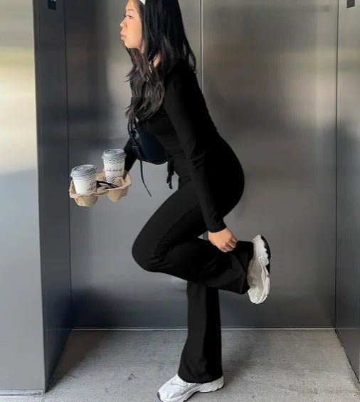 Knitted Rib Long Sleeve Crop Top Long Flare Pant Women'S Sets Casual Clothes Legging Gym Sportsuit - Zeprah