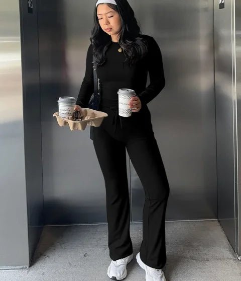 Knitted Rib Long Sleeve Crop Top Long Flare Pant Women'S Sets Casual Clothes Legging Gym Sportsuit - Zeprah