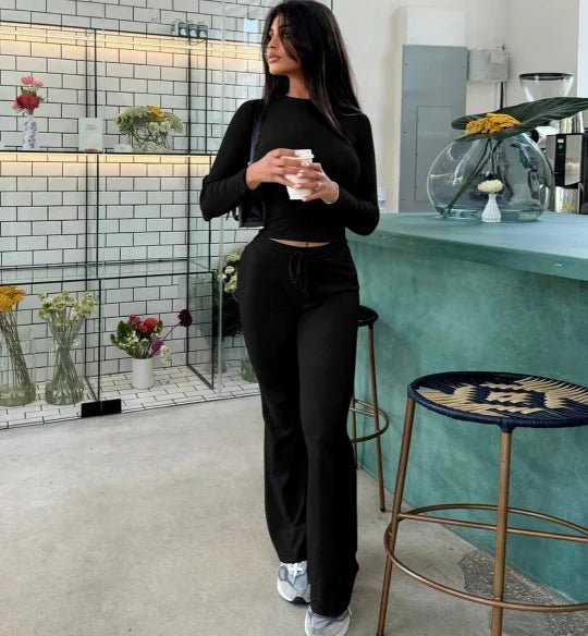 Knitted Rib Long Sleeve Crop Top Long Flare Pant Women'S Sets Casual Clothes Legging Gym Sportsuit - Zeprah