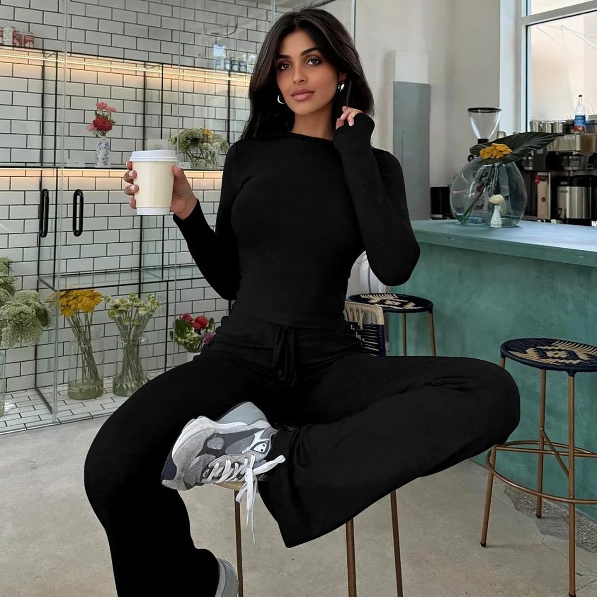 Knitted Rib Long Sleeve Crop Top Long Flare Pant Women'S Sets Casual Clothes Legging Gym Sportsuit - Zeprah