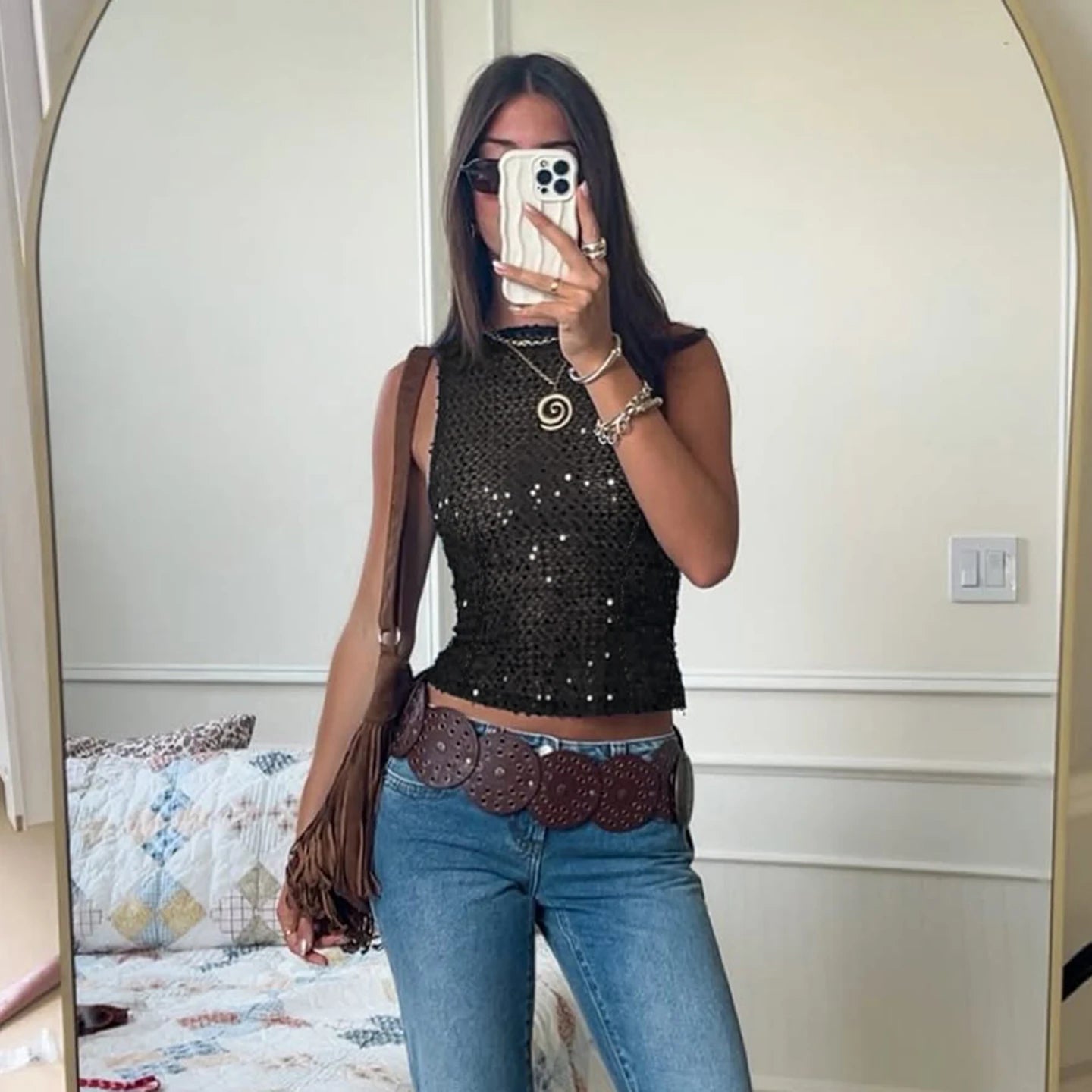 Knitted Sequin Cut - Out Sleeveless Short Top Zipper Front Club Party Vest Summer High Quality Women's Cami - Zeprah
