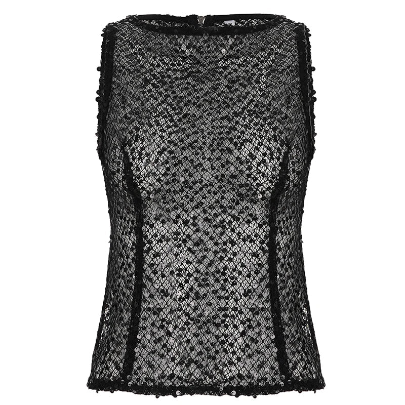 Knitted Sequin Cut - Out Sleeveless Short Top Zipper Front Club Party Vest Summer High Quality Women's Cami - Zeprah
