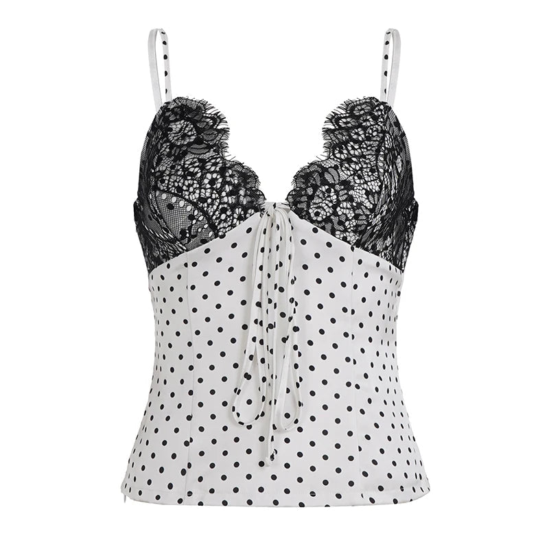 Knitted Short Polka Dot Tie - Up Camisole Sexy Backless Lace Sleeveless Top Club Wear Women's Vest - Zeprah