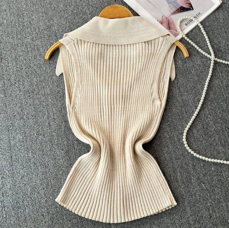 Knitted Vest Women's Summer Thin Design Niche POLO Collar Slimming Short Chic Neck Top - Zeprah