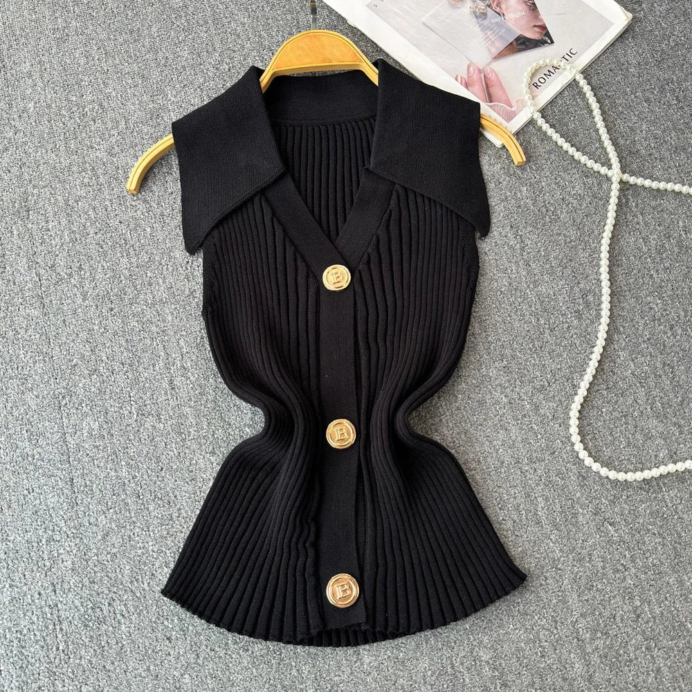 Knitted Vest Women's Summer Thin Design Niche POLO Collar Slimming Short Chic Neck Top - Zeprah