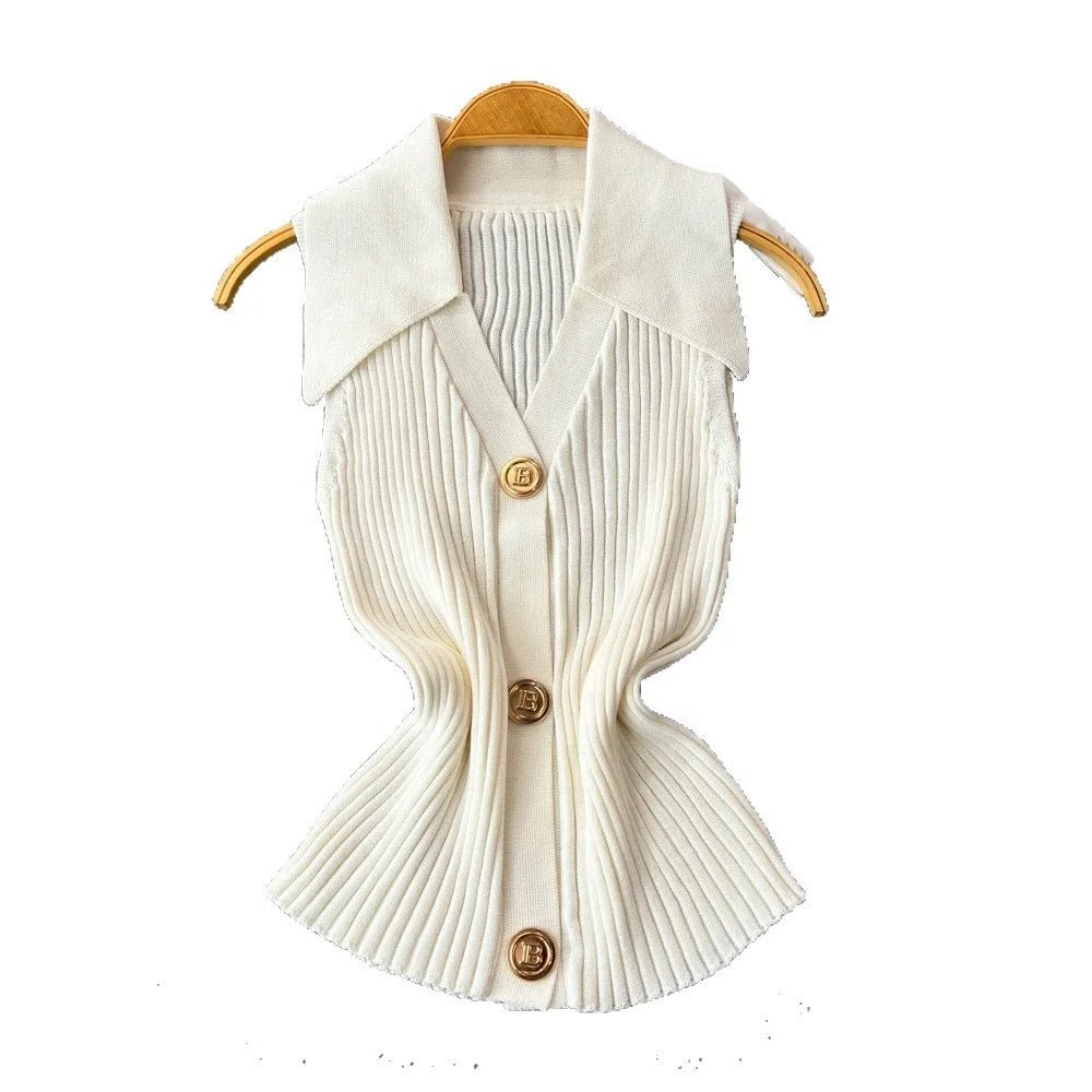 Knitted Vest Women's Summer Thin Design Niche POLO Collar Slimming Short Chic Neck Top - Zeprah