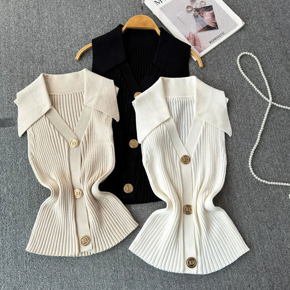 Knitted Vest Women's Summer Thin Design Niche POLO Collar Slimming Short Chic Neck Top - Zeprah