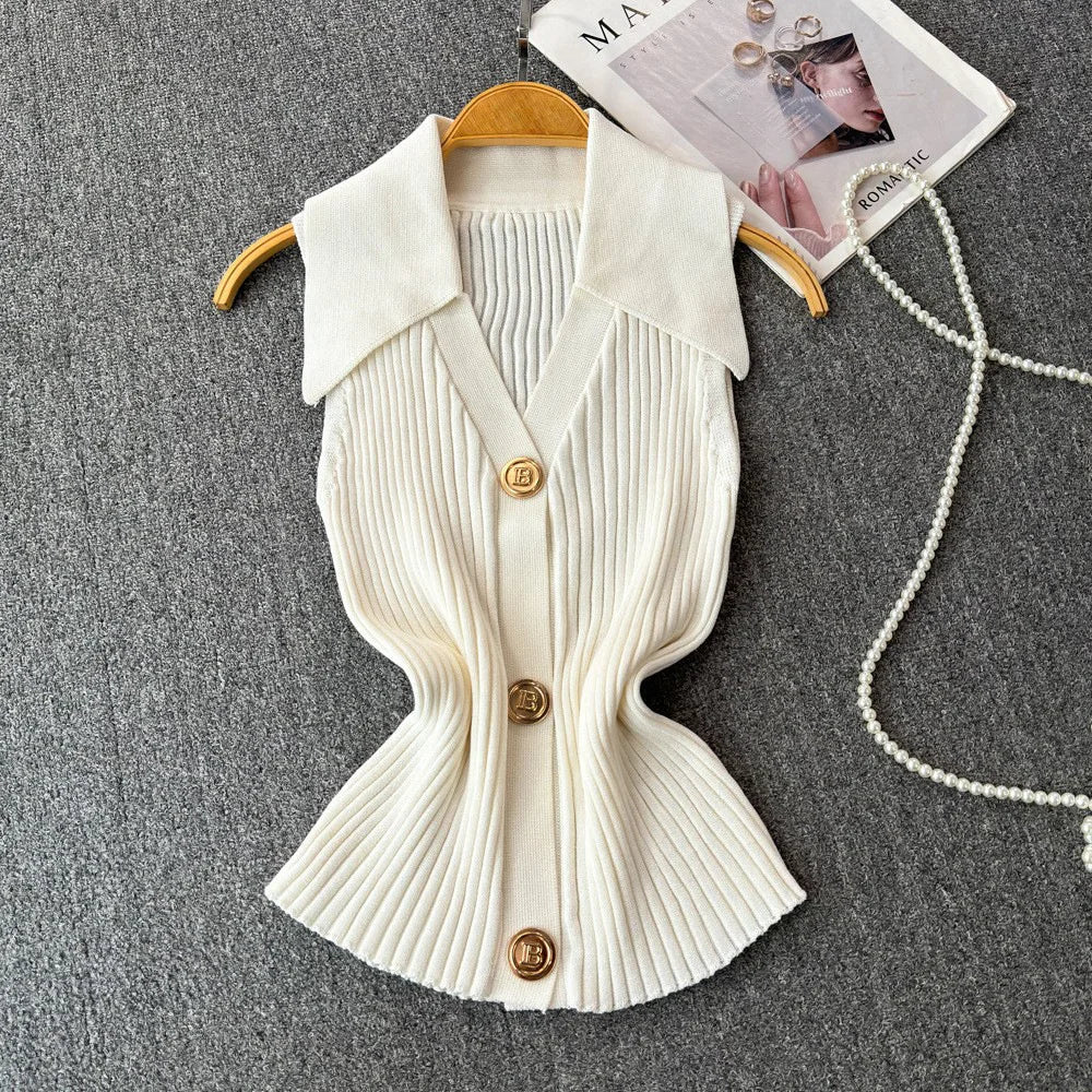 Knitted Vest Women's Summer Thin Design Niche POLO Collar Slimming Short Chic Neck Top - Zeprah