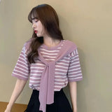 Knitted Women's Clothing Crewneck Tops for Women Popular Short - sleeved Blouse - Zeprah