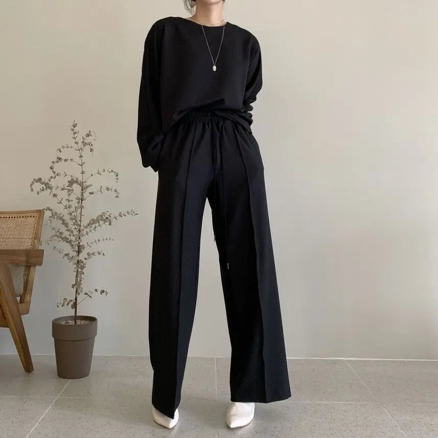 Korean Chic Autumn Long - Sleeve Loose - Fit Versatile Sweatshirt + Elastic - Waist Drawstring Women's Trousers Set - Zeprah
