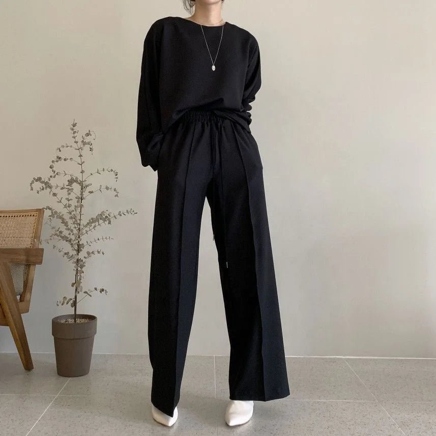 Korean Chic Autumn Long - Sleeve Loose - Fit Versatile Sweatshirt + Elastic - Waist Drawstring Women's Trousers Set - Zeprah
