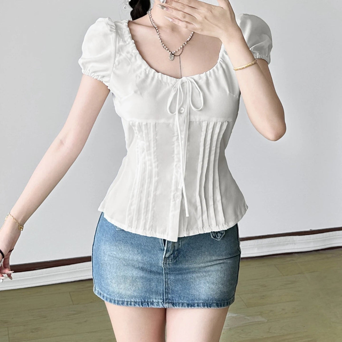 Korean New Women's Shirt Cute Girly Solid Color Blouse Pleated Detail Buttons Skinny Front Casual - Zeprah