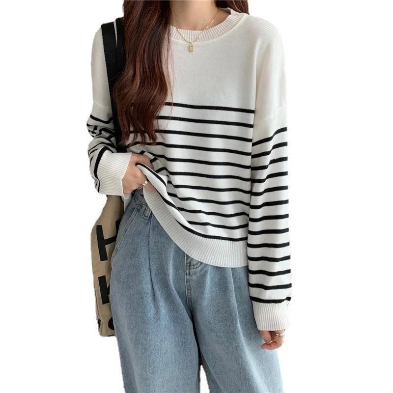 Korean Striped Round Neck Long - Sleeved Knitwear Early Autumn Fashionable Women's Loose Slimming Base Shirt Top - Zeprah