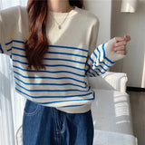 Korean Striped Round Neck Long - Sleeved Knitwear Early Autumn Fashionable Women's Loose Slimming Base Shirt Top - Zeprah