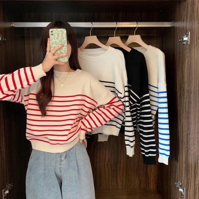 Korean Striped Round Neck Long - Sleeved Knitwear Early Autumn Fashionable Women's Loose Slimming Base Shirt Top - Zeprah