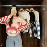 Korean Striped Round Neck Long - Sleeved Knitwear Early Autumn Fashionable Women's Loose Slimming Base Shirt Top - Zeprah