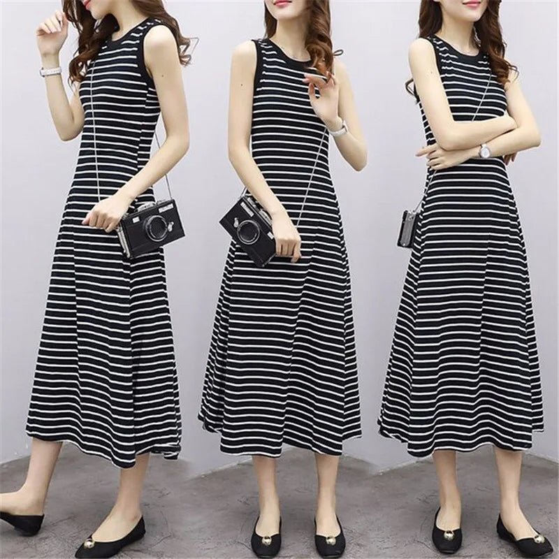 Korean Style Elegant Slim Striped Dress Women's Summer Retro Simple Sleeve - A - line Long Dress - Zeprah