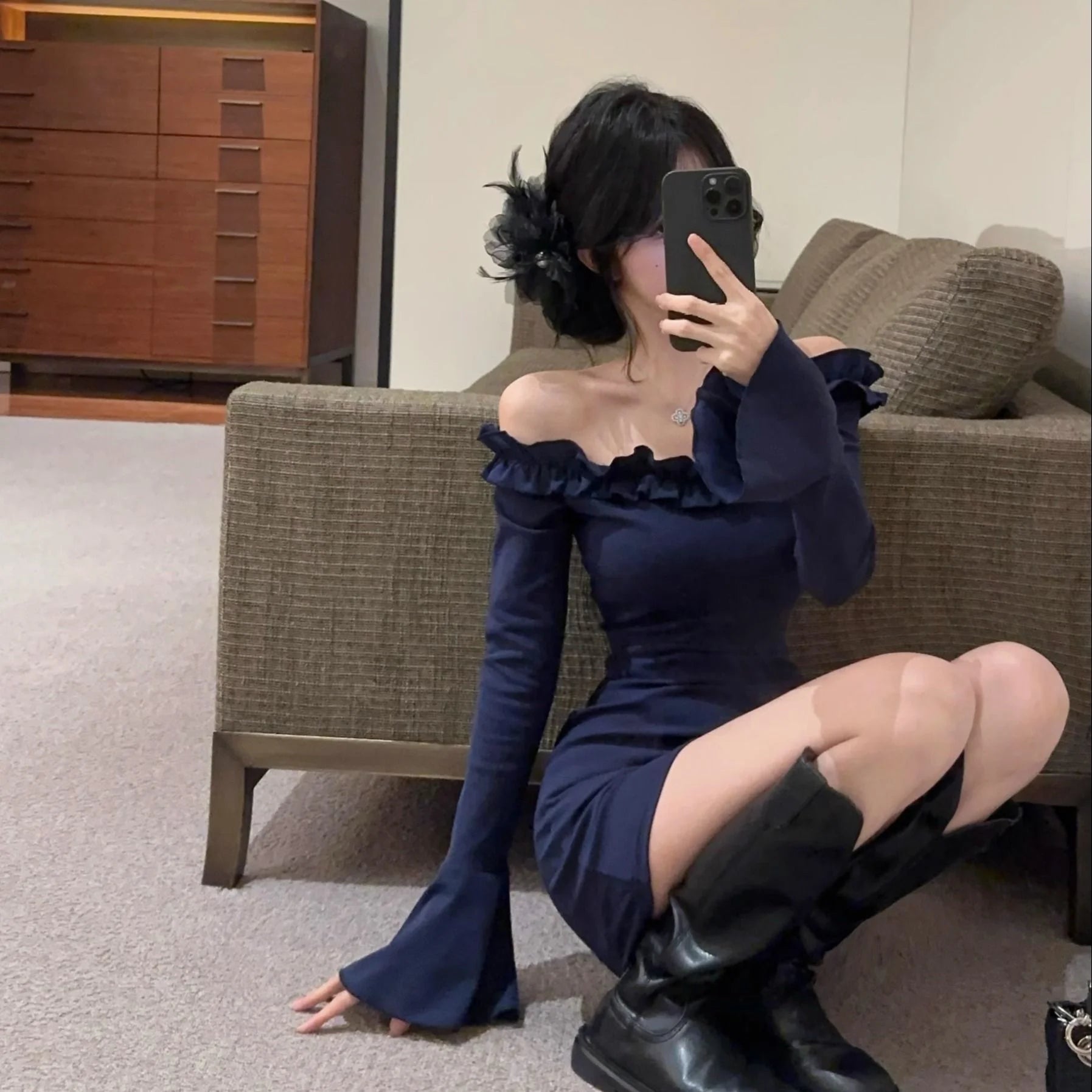 Korean Style Off Shoulder Dress for Women Ruffled Bell Sleeve Bodycon Dress Sexy Slim Fit Base Layer for Fall & Winter - Zeprah