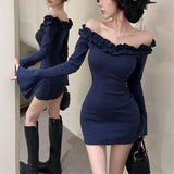 Korean Style Off Shoulder Dress for Women Ruffled Bell Sleeve Bodycon Dress Sexy Slim Fit Base Layer for Fall & Winter - Zeprah