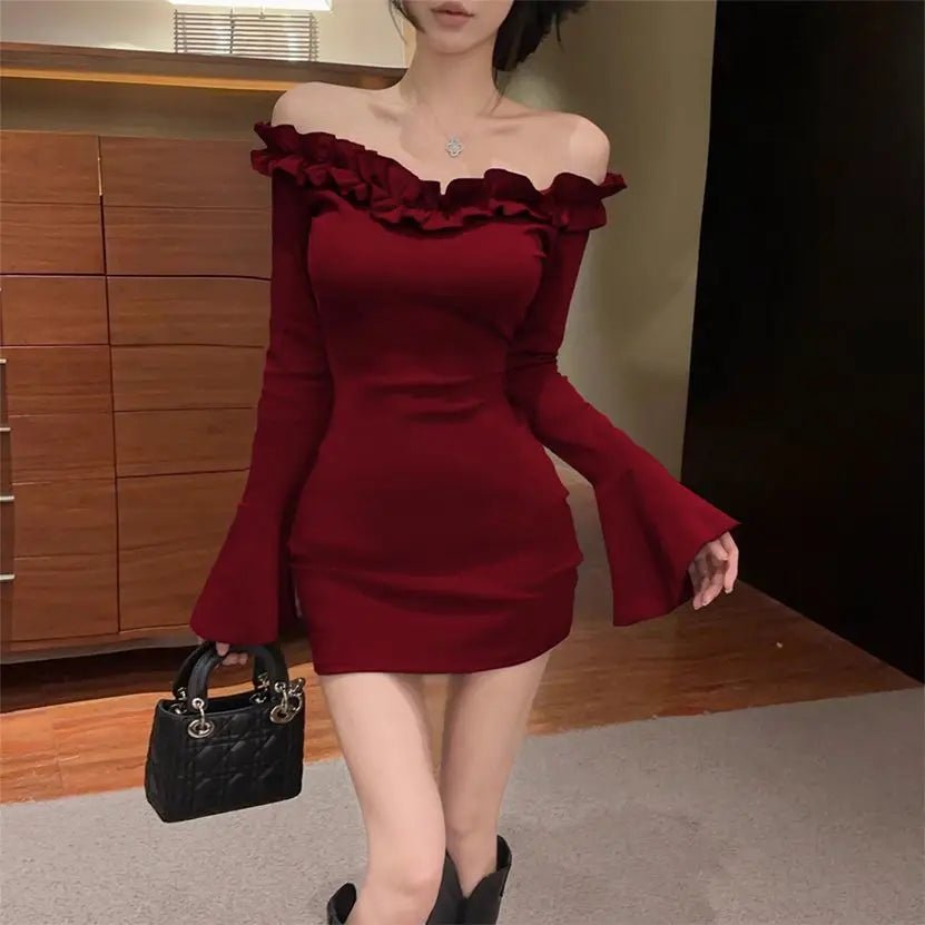Korean Style Off Shoulder Dress for Women Ruffled Bell Sleeve Bodycon Dress Sexy Slim Fit Base Layer for Fall & Winter - Zeprah