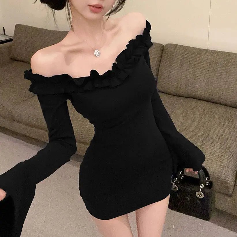 Korean Style Off Shoulder Dress for Women Ruffled Bell Sleeve Bodycon Dress Sexy Slim Fit Base Layer for Fall & Winter - Zeprah