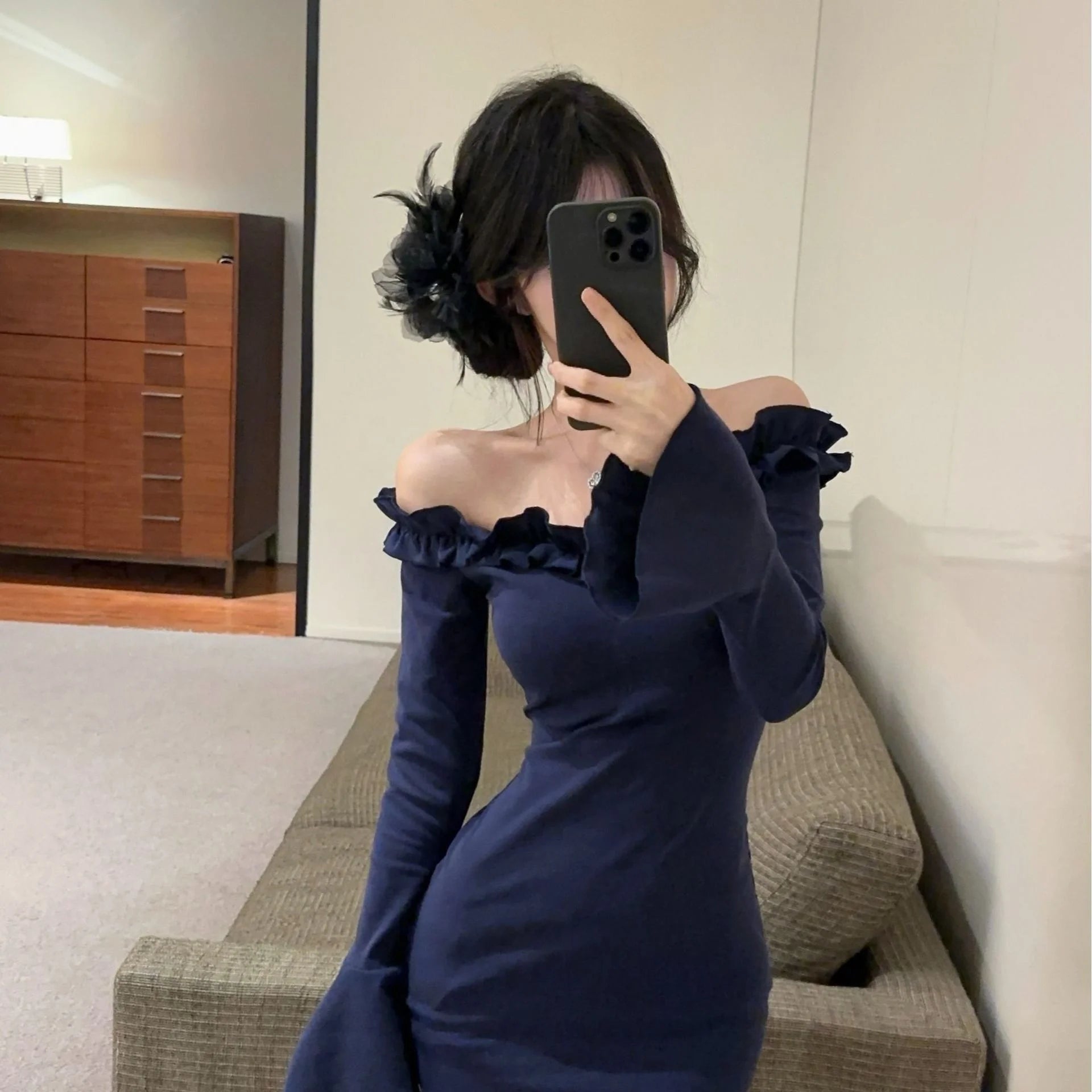 Korean Style Off Shoulder Dress for Women Ruffled Bell Sleeve Bodycon Dress Sexy Slim Fit Base Layer for Fall & Winter - Zeprah