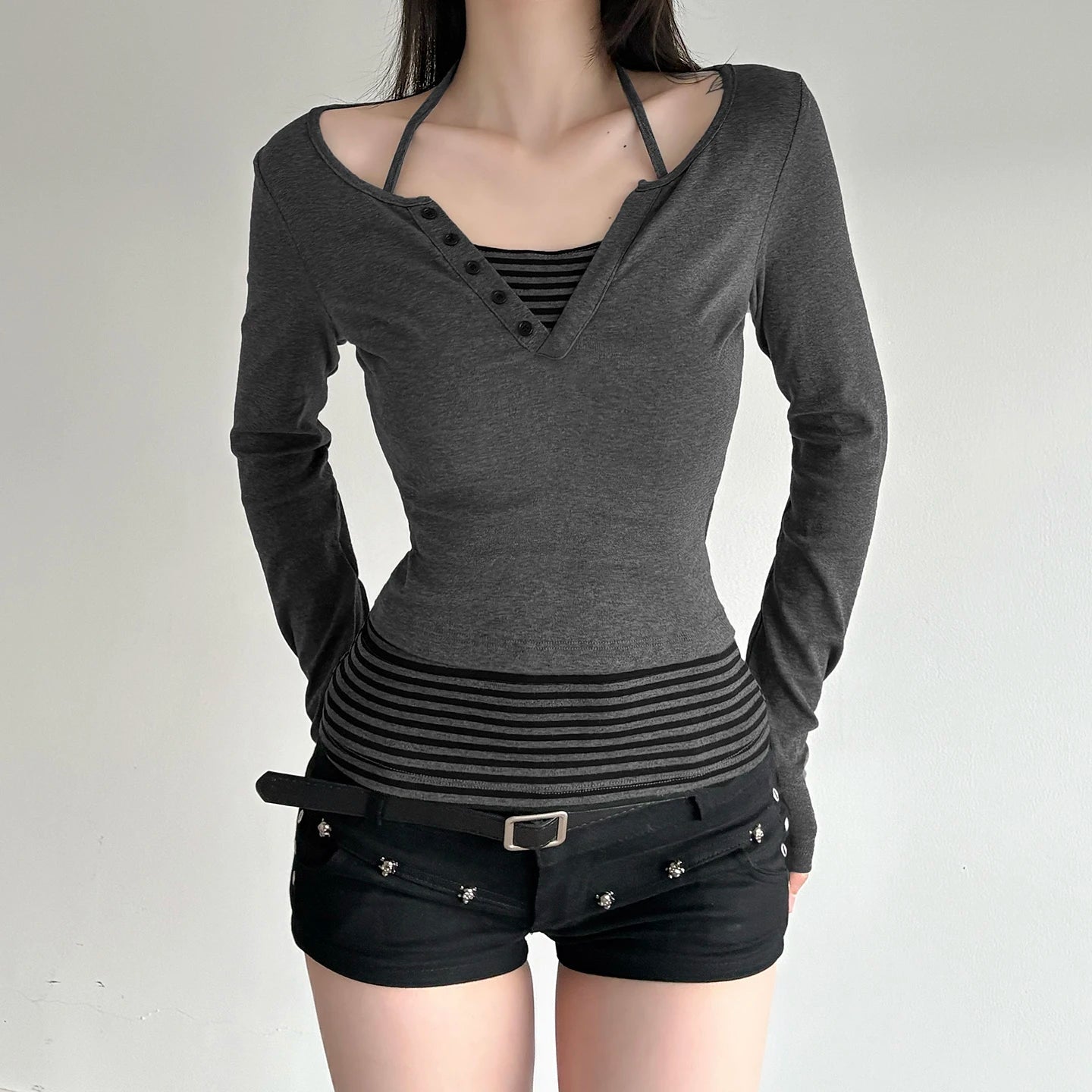 Korean Style Women's 2 - Piece Knit Set, V - Neck Top with Striped Tie Detail & Casual Sweater - Zeprah