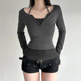 Korean Style Women's 2 - Piece Knit Set, V - Neck Top with Striped Tie Detail & Casual Sweater - Zeprah