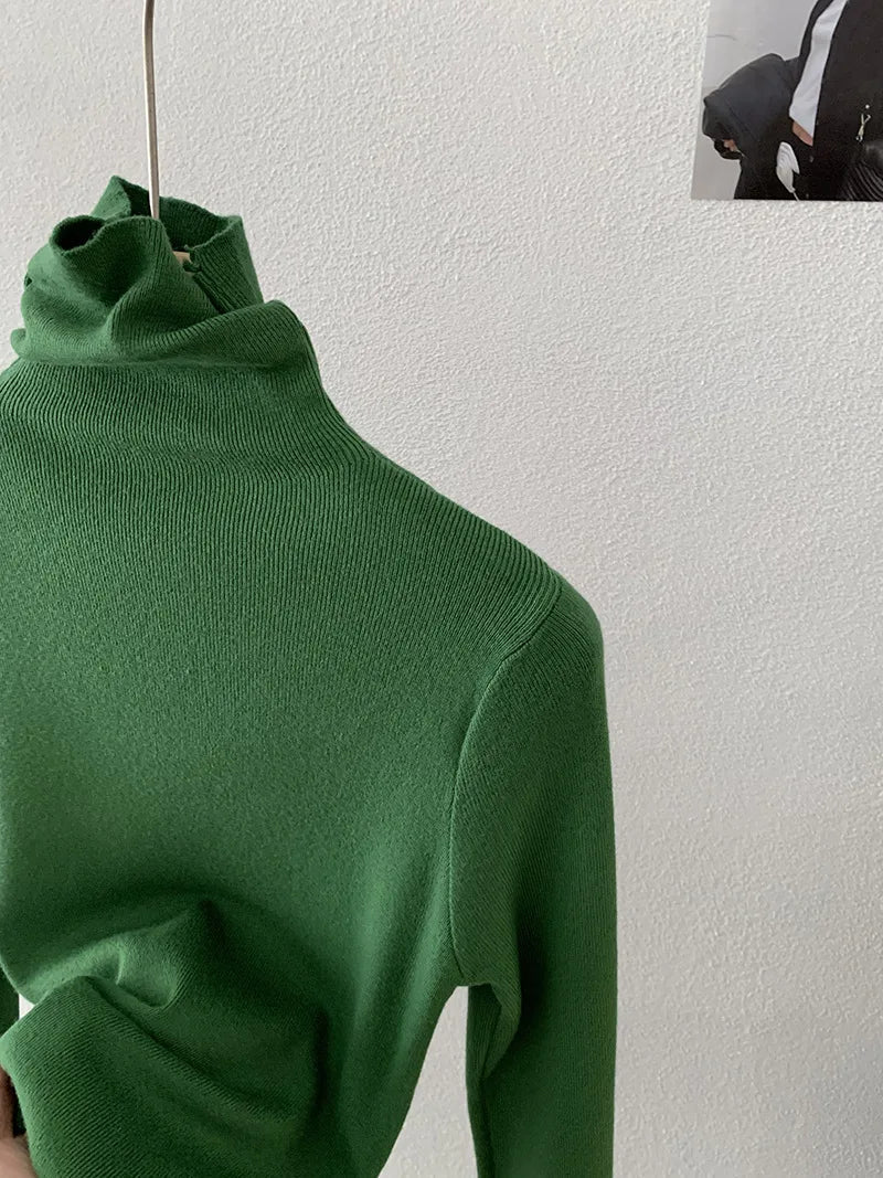 Korean Thick Turtleneck Solid Color Long Sleeve Slim - fit Slimming Inner Base Knitted Sweater Top Autumn Winter - Zeprah