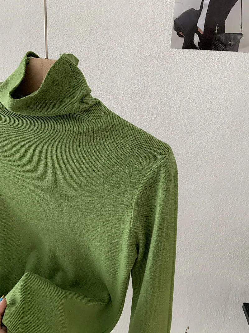 Korean Thick Turtleneck Solid Color Long Sleeve Slim - fit Slimming Inner Base Knitted Sweater Top Autumn Winter - Zeprah