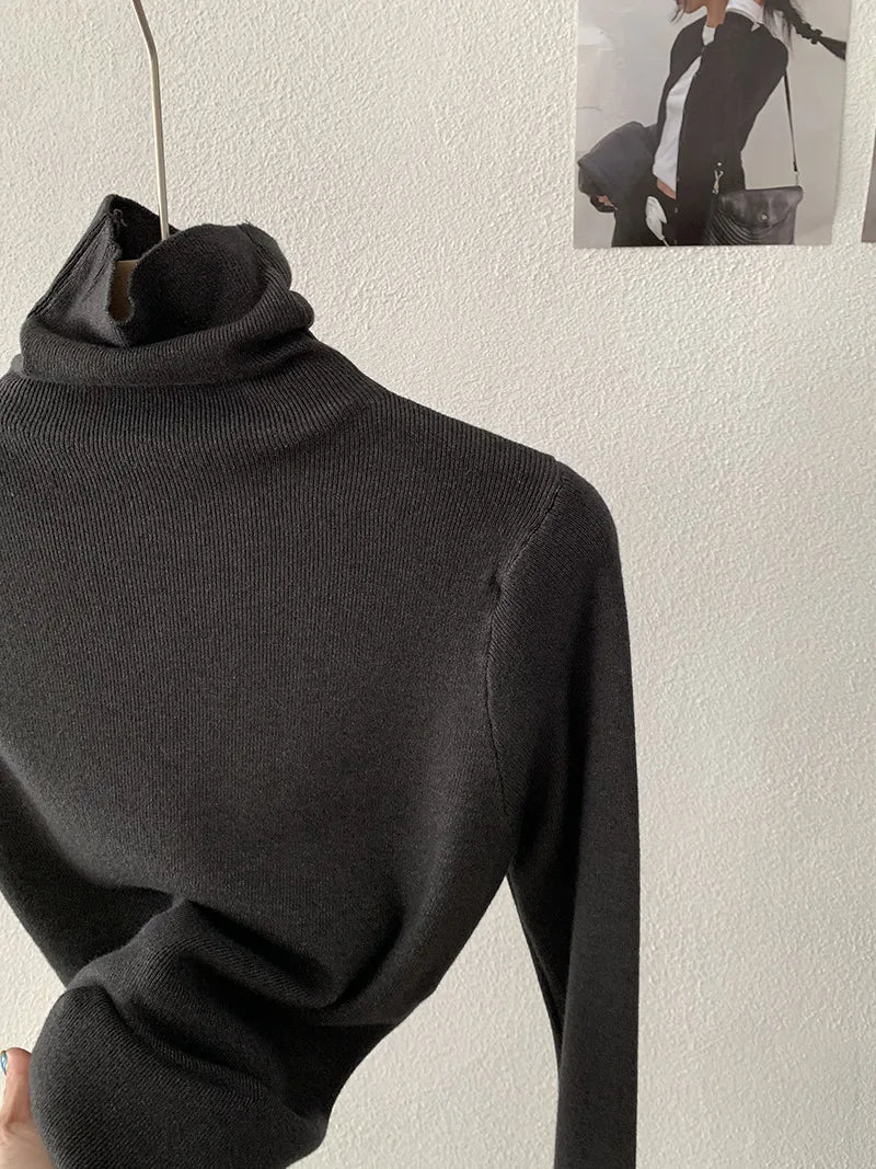 Korean Thick Turtleneck Solid Color Long Sleeve Slim - fit Slimming Inner Base Knitted Sweater Top Autumn Winter - Zeprah