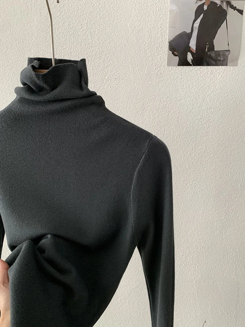 Korean Thick Turtleneck Solid Color Long Sleeve Slim - fit Slimming Inner Base Knitted Sweater Top Autumn Winter - Zeprah