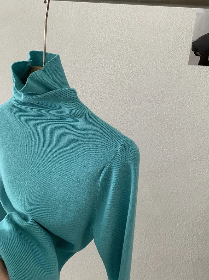 Korean Thick Turtleneck Solid Color Long Sleeve Slim - fit Slimming Inner Base Knitted Sweater Top Autumn Winter - Zeprah