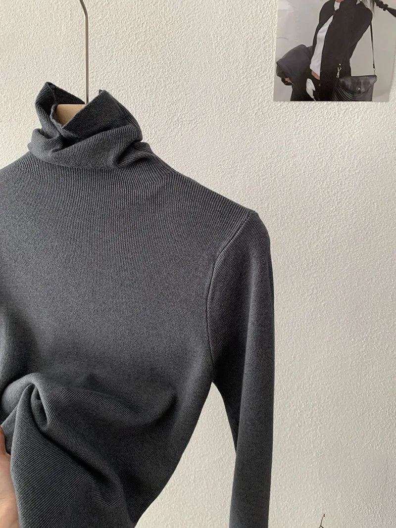 Korean Thick Turtleneck Solid Color Long Sleeve Slim - fit Slimming Inner Base Knitted Sweater Top Autumn Winter - Zeprah