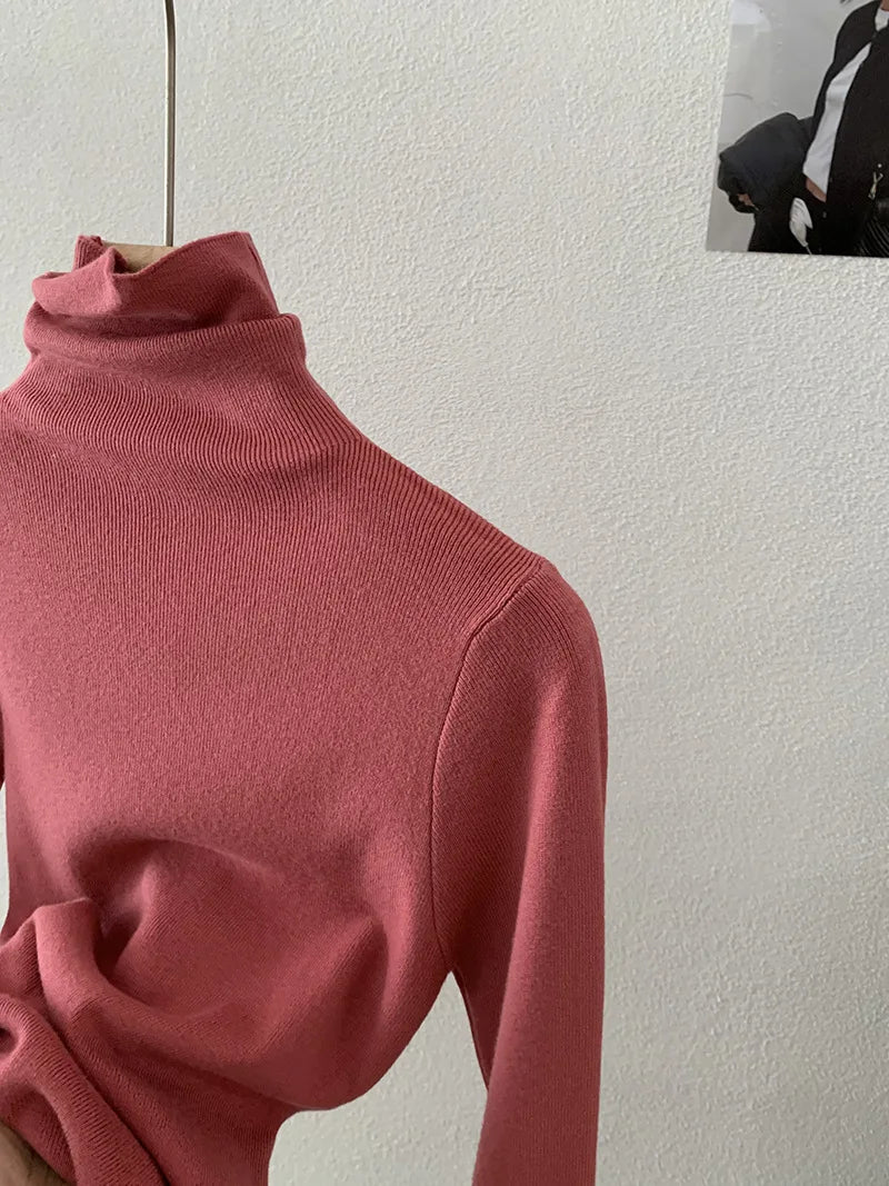 Korean Thick Turtleneck Solid Color Long Sleeve Slim - fit Slimming Inner Base Knitted Sweater Top Autumn Winter - Zeprah