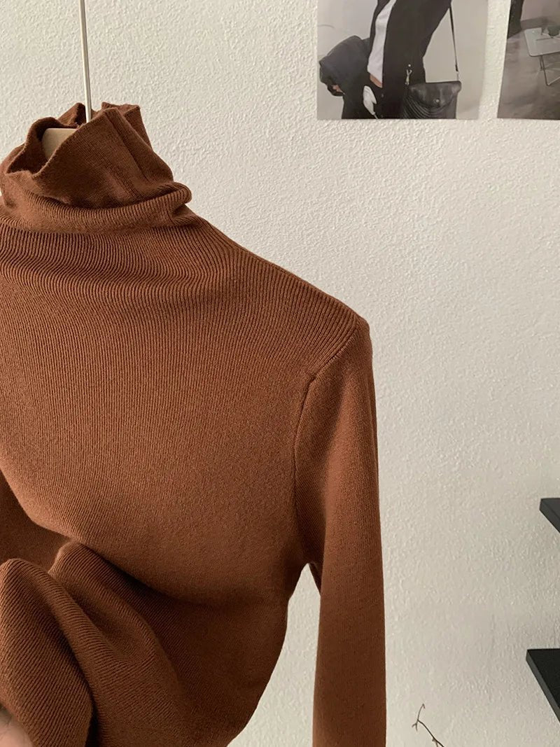 Korean Thick Turtleneck Solid Color Long Sleeve Slim - fit Slimming Inner Base Knitted Sweater Top Autumn Winter - Zeprah