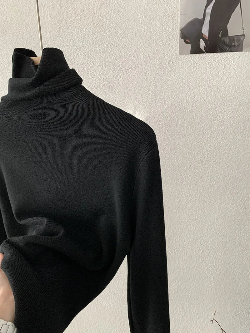 Korean Thick Turtleneck Solid Color Long Sleeve Slim - fit Slimming Inner Base Knitted Sweater Top Autumn Winter - Zeprah