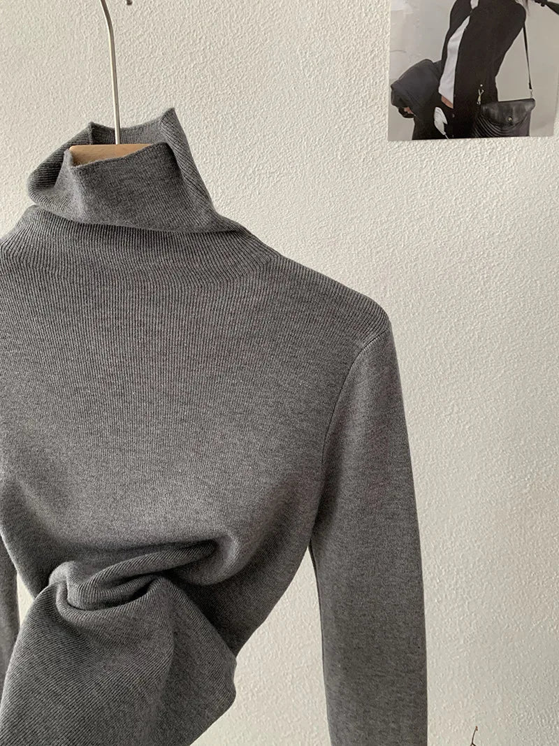 Korean Thick Turtleneck Solid Color Long Sleeve Slim - fit Slimming Inner Base Knitted Sweater Top Autumn Winter - Zeprah