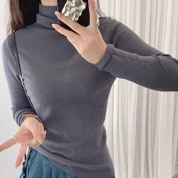 Korean Thick Turtleneck Solid Color Long Sleeve Slim - fit Slimming Inner Base Knitted Sweater Top Autumn Winter - Zeprah